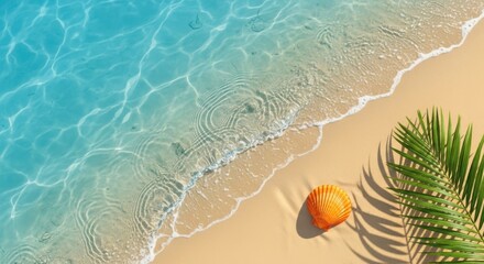 Obraz premium Tropical beach paradise palm leaf and orange drink by crystal clear ocean waves