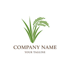 Green Rice Plant Logo with Paddy Grains and Text for Agricultural or Food Company Branding on White Background, Flat Vector Elements, Vector Illustration, Simple Vector, Stylized Vector Drawing,