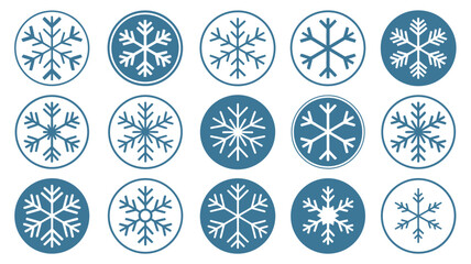 A collection of fifteen snowflake icons arranged in rows on a white background with blue accents