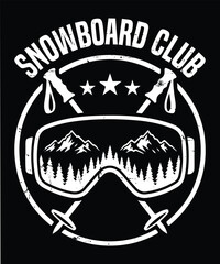 Snowboard Club Vintage Emblem with Goggles, Mountain Reflection, and Ski Poles T-Shirt 