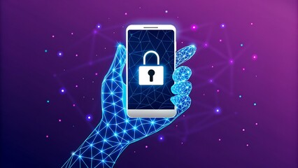 Digital hand holding smartphone with lock symbol for cybersecurity protection
