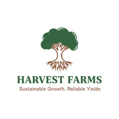 Harvest Fund Logo: Stylized Tree Emblem with Roots, Foliage, and 'Sustainable Growth' Tagline on White Background, Flat Vector Elements, Vector Illustration, Simple Vector, Stylized Vector Drawing,