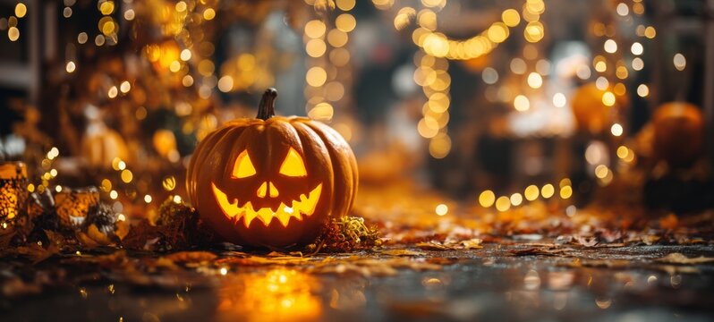 Glowing Jack-o’-Lantern with Warm Lights and Fall Decorations, Festive Halloween Background with Space for Text