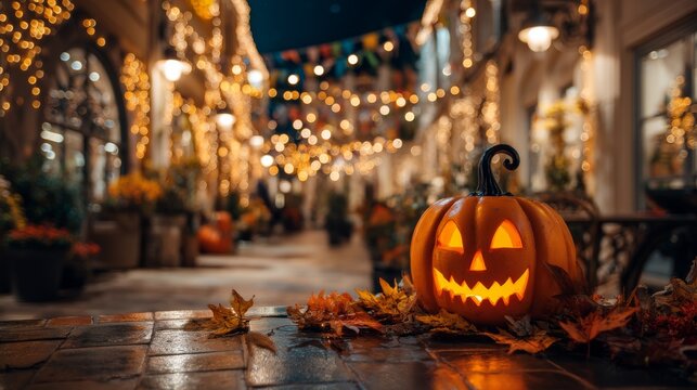 Glowing Jack-o’-Lantern with Warm Lights and Fall Decorations, Festive Halloween Background with Space for Text