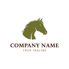 Elegant olive green horse head logo with dark brown company name and tan tagline on a clean white background, representing strength, grace, and corporate identity., Flat Vector Elements, Vector