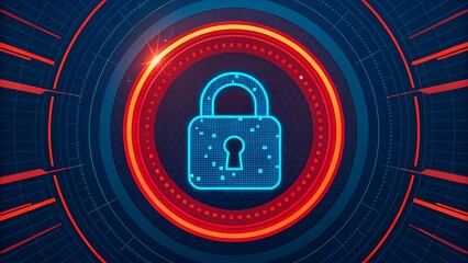binary code lockCybersecurity concept with digital padlock and neon circle