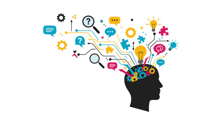 Visualizing the complex process of human thought and idea generation through interconnected symbolic elements.