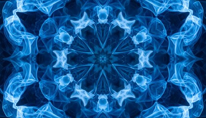 Abstract, symmetrical artwork showcasing a kaleidoscope-like pattern, created from swirling, blue wisps. A mesmerizing visual