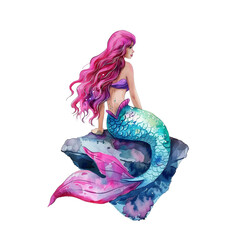 Colorful mermaid with flowing hair sits on a rock in a vibrant underwater setting showcasing artistry and creativity