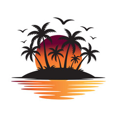 Tropical Palm Tree Sunset Vector Badge T-Shirt Design