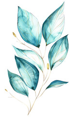 Watercolor teal leaves designed with a transparent background for elegant decor or artistic use