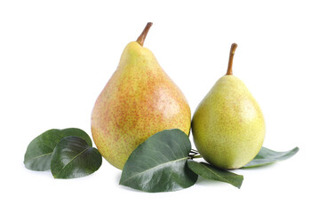 Fresh ripe pears with green leaves isolated on white