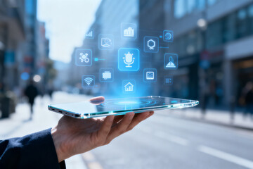 Hand holding futuristic transparent tablet with floating digital icons in urban city setting