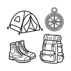 Camping and Outdoor Equipment Vector Line Art Doodle Set