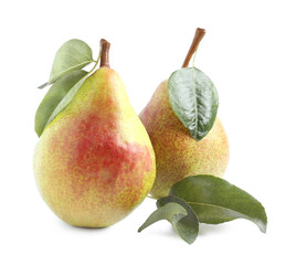 Fresh ripe pears with green leaves isolated on white