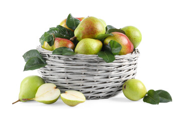 Fresh ripe pears with green leaves in wicker basket isolated on white