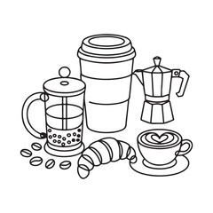 Coffee Brewing and Preparation Vector Line Art Doodle Set