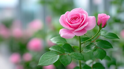 Close Up Pink Rose with Dew Drops and Green Leaves on Blurred Background