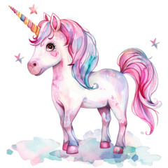 Colorful unicorn with a shimmering mane and spiral horn surrounded by stars against a transparent background