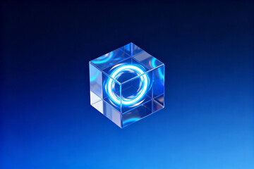 Transparent glass cube with glowing blue circular light inside, set against a dark blue gradient background