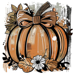 Decorative pumpkin with bow surrounded by autumn leaves and flowers on a transparent background