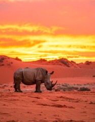 Fototapeta premium White rhino in fiery sunset desert