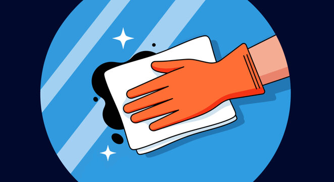A cartoon hand wearing an orange rubber glove cleans a black stain from a shiny blue surface with a white cloth.