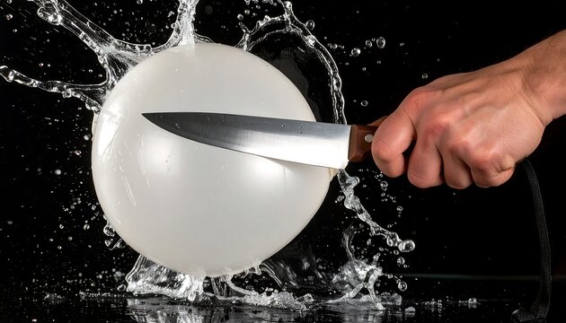 Knife slicing a balloon in water