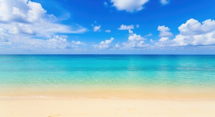 Naklejka premium Serene tropical beach scene with turquoise waters and fluffy white clouds under a blue sky