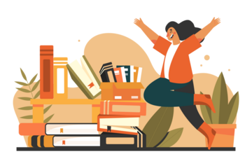 Enthusiastic Woman Jumping Beside Stack of Books with Transparent Background Celebrating Book Giving Day Wearing Casual Orange Cardigan and Teal Pants