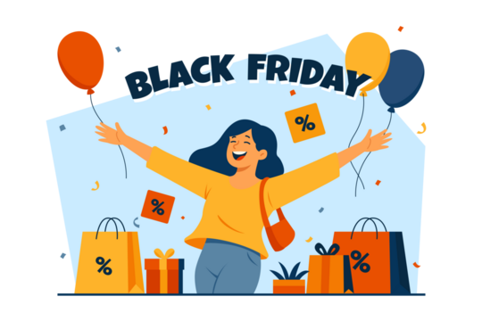 Enthusiastic Woman Celebrating Black Friday with Balloons and Shopping Bags on Transparent Background