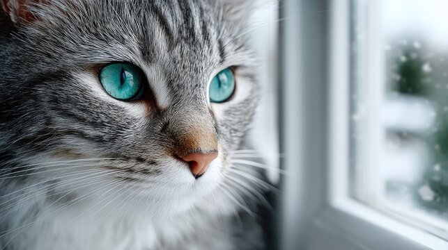 Close Up Portrait of a Grey Tabby Cat with Piercing Blue Eyes Near Window
