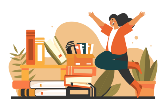 Enthusiastic Woman Jumping Beside Stack of Books with Transparent Background Celebrating Book Giving Day Wearing Casual Orange Cardigan and Teal Pants