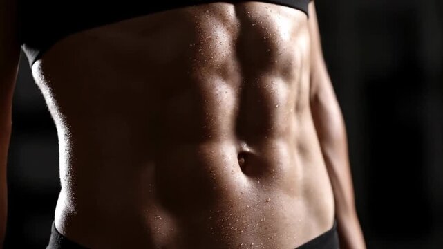 Close Up of Sweaty Woman's Abdominal Muscles After Gym Workout, Revealing Defined Physique