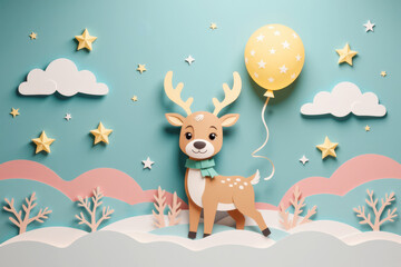 Paper cut, animal paper art for festive Christmas decoration holiday. Playful cartoon deer with a balloon against a whimsical background of clouds, stars, and pastel colors.