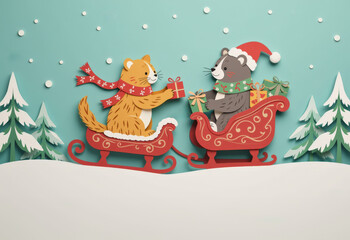 Naklejka premium Paper cut, animal paper art for festive Christmas decoration holiday. Two cartoon animals, a cat and a bear, exchange gifts while riding festive sleds in a snowy winter landscape.