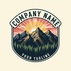 Retro Outdoor Adventure Emblem: Majestic Mountains, Vibrant Sunrise, Dense Pine Forest, and Flying Birds in a Classic Badge Design, Flat Vector Elements, Vector Illustration, Simple Vector, Stylized