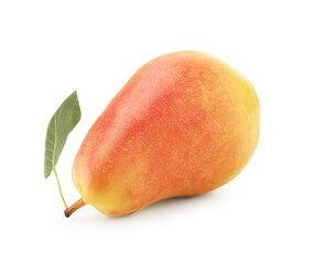 Ripe pear with green leaf isolated on white