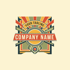 Retro Distressed Geometric Emblem Logo Template with Sunburst Rays and Grunge Texture on Cream Background, Flat Vector Elements, Vector Illustration, Simple Vector, Stylized Vector Drawing, Vector