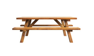 Outdoor picnic table garden park wooden furniture natural setting side view relaxation and gathering experience