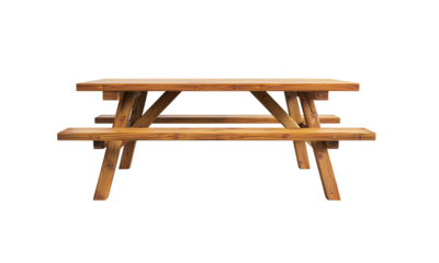 Outdoor picnic table garden park wooden furniture natural setting side view relaxation and gathering experience