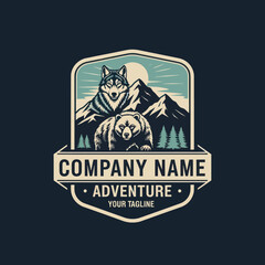 Style Adventure Logo with Wolf, Bear, Mountains, and Pine Trees, Flat Vector Elements, Vector Illustration, Simple Vector, Stylized Vector Drawing, Vector Template, Clean Vector Style, Minimalist
