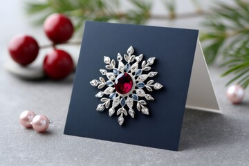 Sparkling snowflake brooch on elegant dark blue greeting card