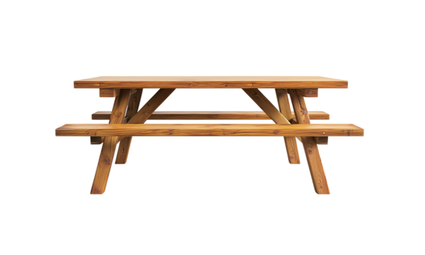 Outdoor picnic table garden park wooden furniture natural setting side view relaxation and gathering experience