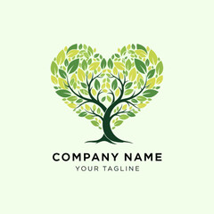 Obraz premium Green Heart Tree Logo with Leafy Foliage and Customizable Text for Branding on a Light Green Background, Representing Nature, Growth, Sustainability, and Eco-Conscious Values, Flat Vector Elements,