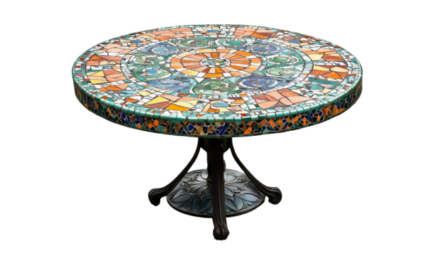 Round mosaic table with colorful ceramic and glass tiles arranged in an intricate concentric pattern on an ornate pedestal base.