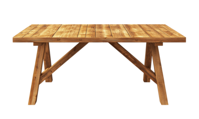Rustic wooden table with plank top, A-frame legs and diagonal braces, featuring warm grain and a sturdy handcrafted finish.