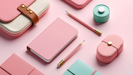 Still life of pink stationery items arranged on a pink background for organization