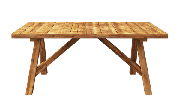 Rustic wooden table with plank top, A-frame legs and diagonal braces, featuring warm grain and a sturdy handcrafted finish.