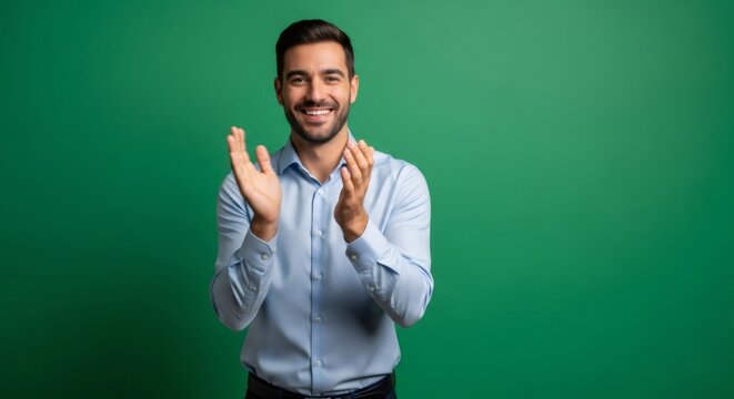 Caucasian man worker clapping his hands on a green screen. Cheerful casual guy applaud for chromakey effect. Happy businessman concept. - Powered by Adobe